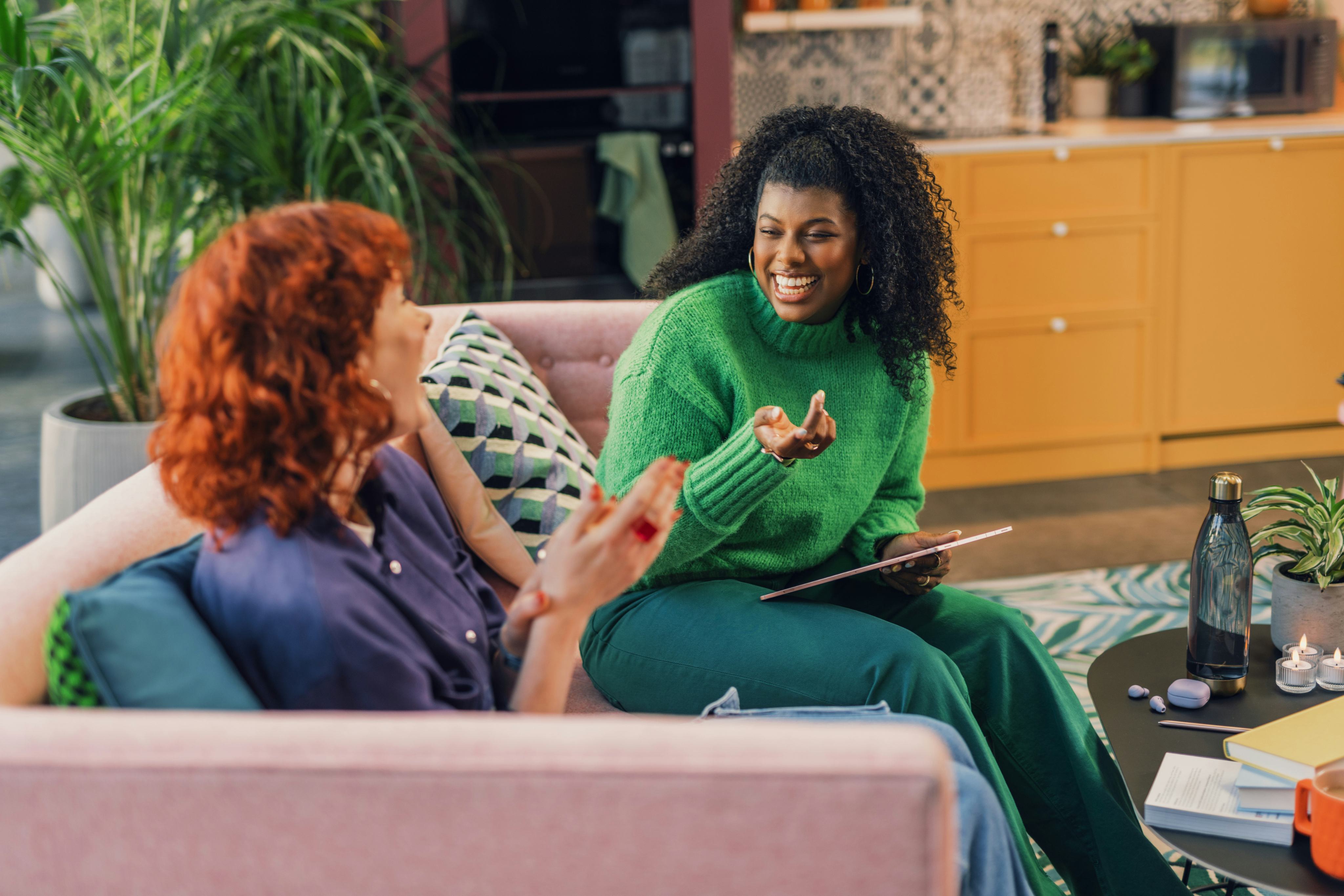 A warm, professional conversation in a workplace setting